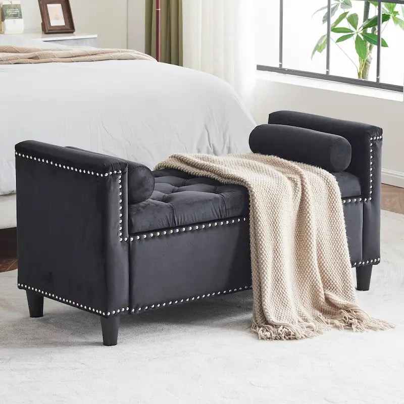 Velvet Tufted Storage Bench (with Armrests and Nailhead Trim)
