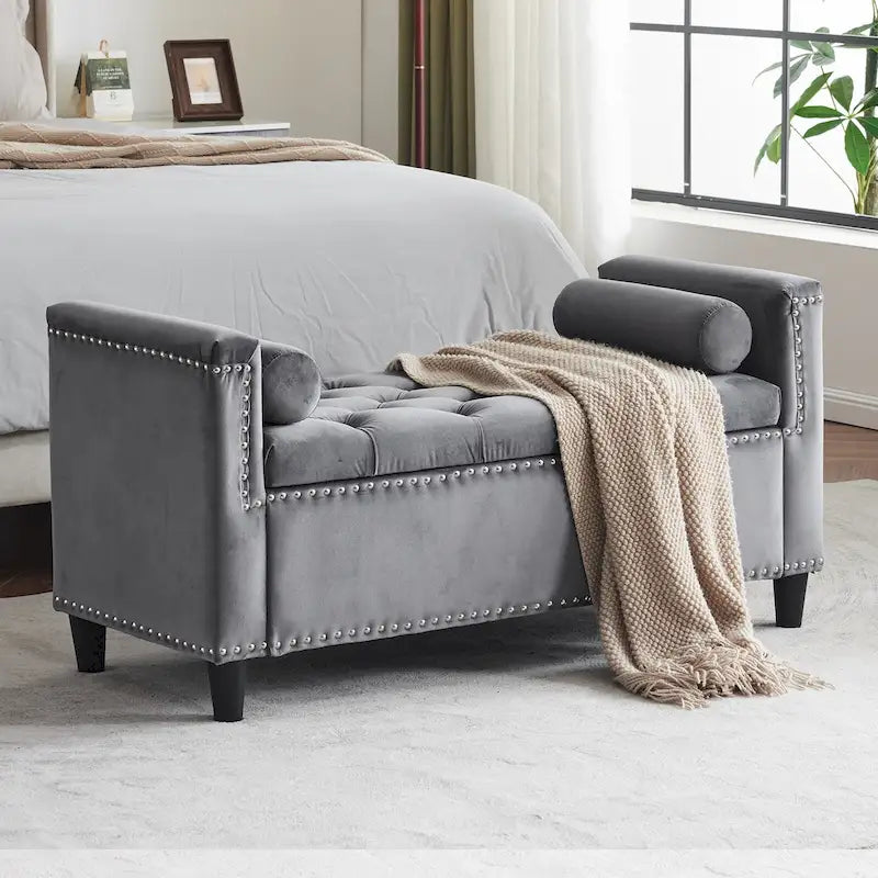 Velvet Tufted Storage Bench (with Armrests and Nailhead Trim)