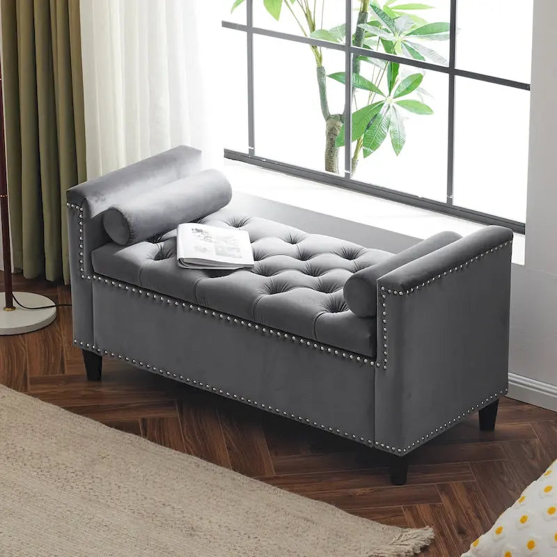 Velvet Tufted Storage Bench (with Armrests and Nailhead Trim)
