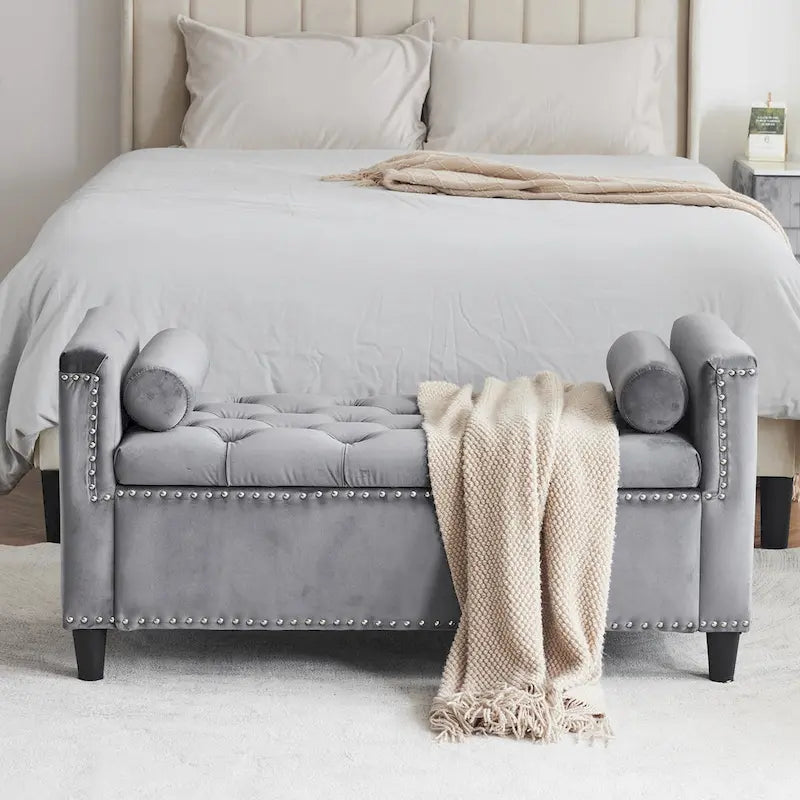 Velvet Tufted Storage Bench (with Armrests and Nailhead Trim)