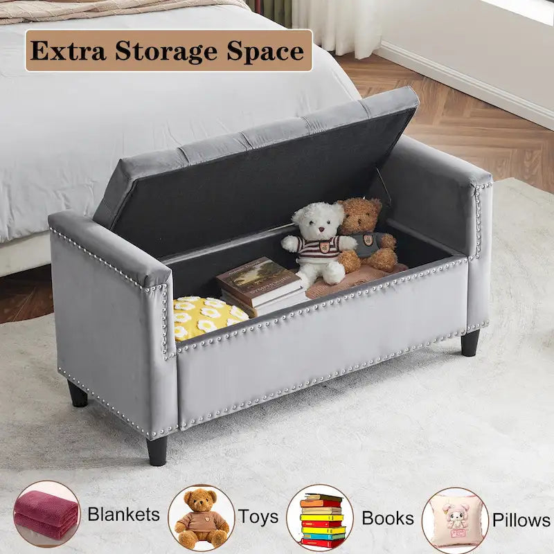 Velvet Tufted Storage Bench (with Armrests and Nailhead Trim)