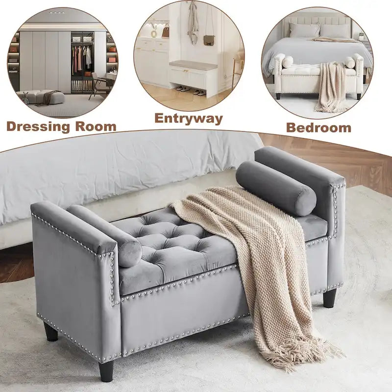 Velvet Tufted Storage Bench (with Armrests and Nailhead Trim)