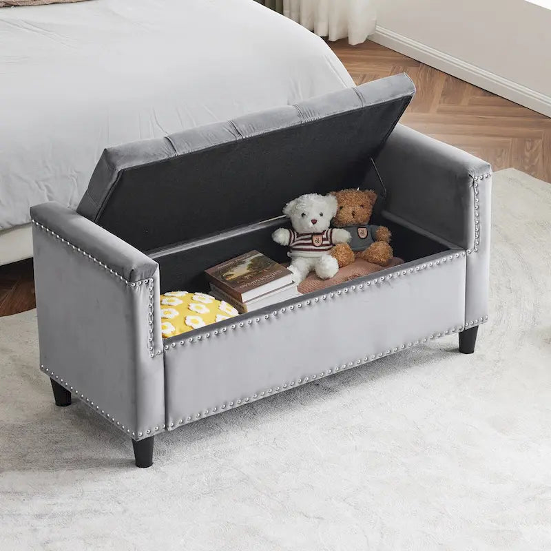 Velvet Tufted Storage Bench (with Armrests and Nailhead Trim)