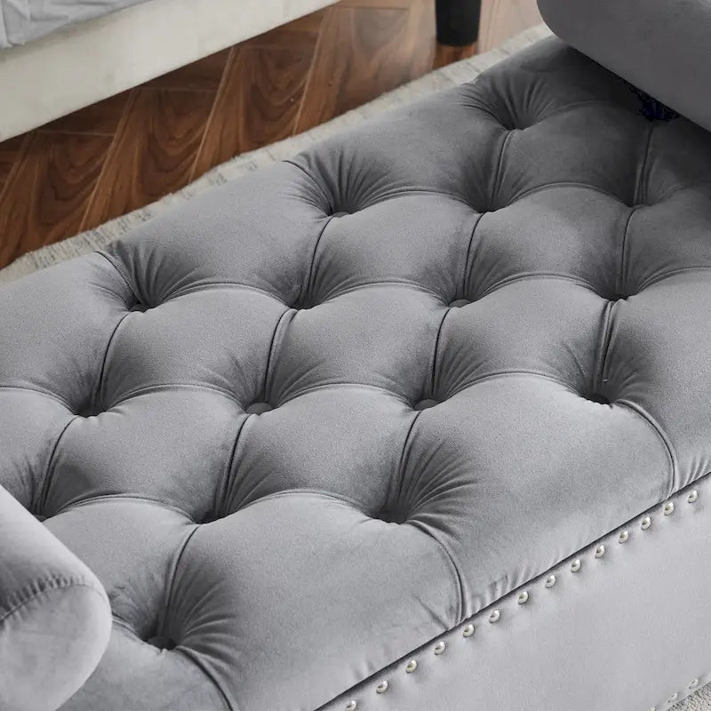 Velvet Tufted Storage Bench (with Armrests and Nailhead Trim)
