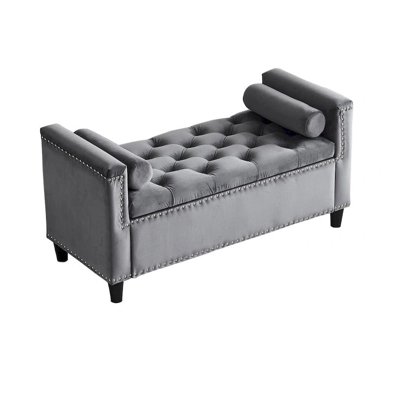 Velvet Tufted Storage Bench (with Armrests and Nailhead Trim)
