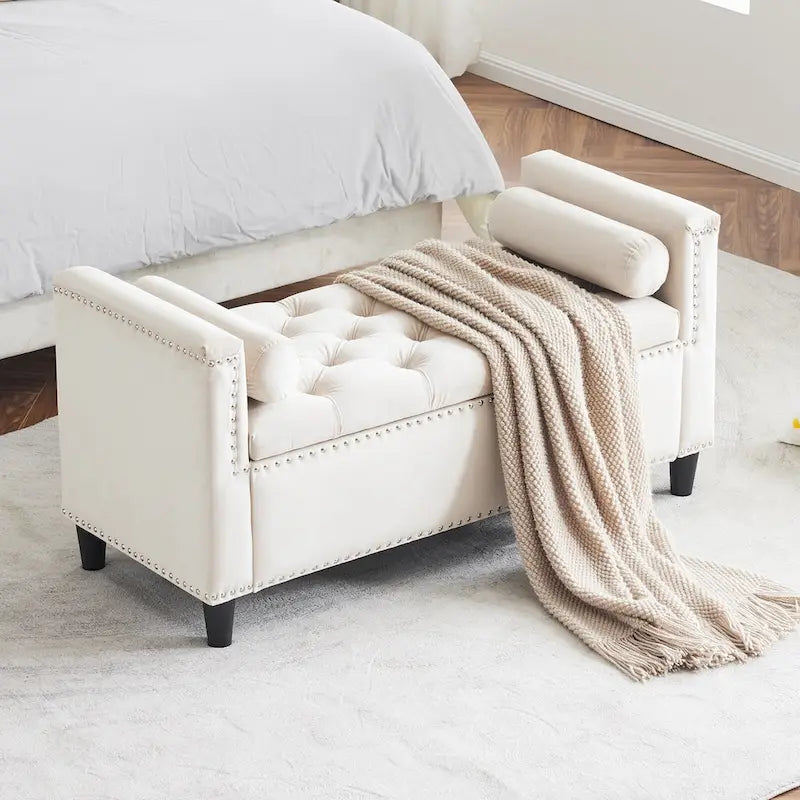 Velvet Tufted Storage Bench (with Armrests and Nailhead Trim)
