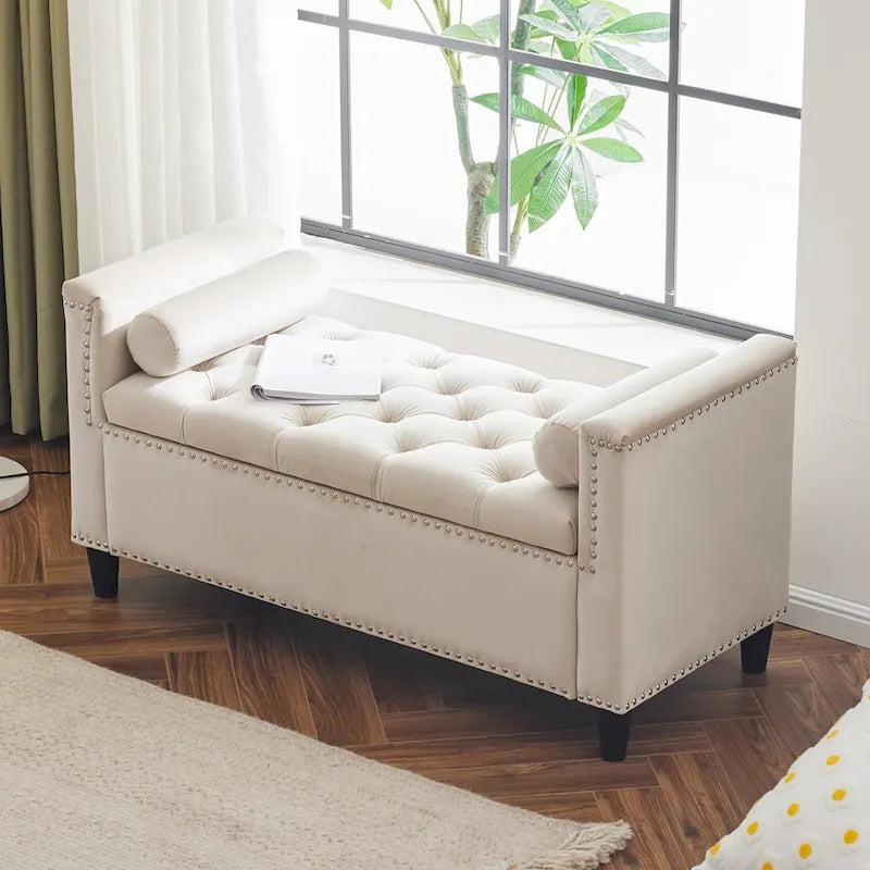 Velvet Tufted Storage Bench (with Armrests and Nailhead Trim)