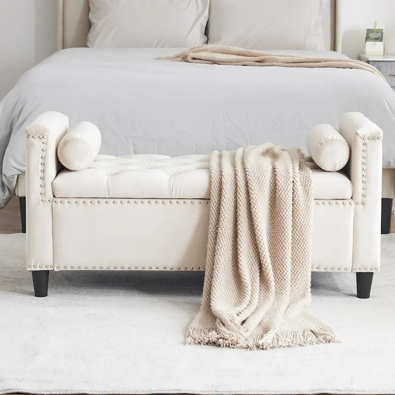 Velvet Tufted Storage Bench (with Armrests and Nailhead Trim)