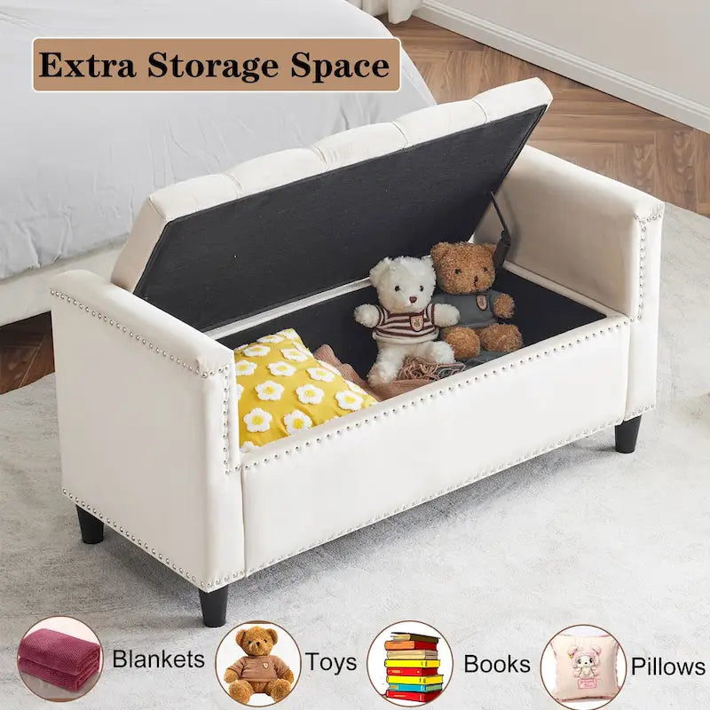 Velvet Tufted Storage Bench (with Armrests and Nailhead Trim)
