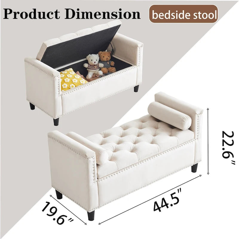 Velvet Tufted Storage Bench (with Armrests and Nailhead Trim)
