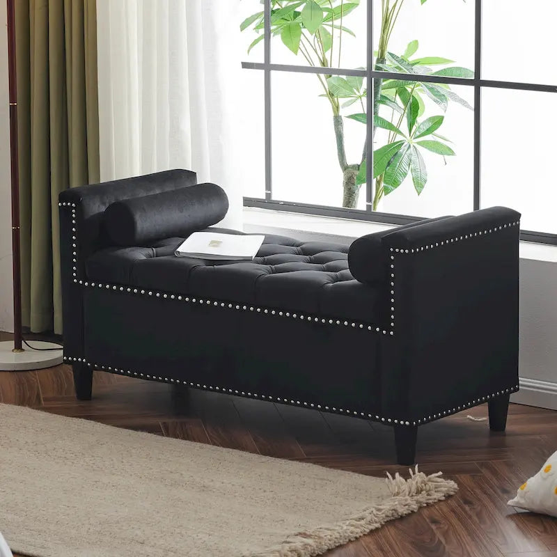 Velvet Tufted Storage Bench (with Armrests and Nailhead Trim)