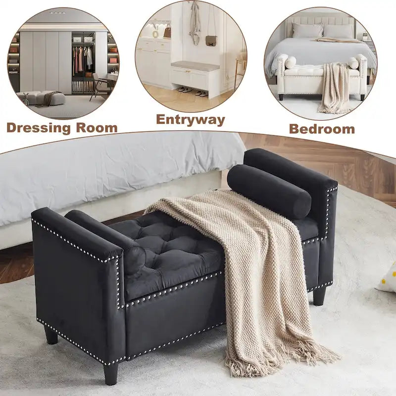 Velvet Tufted Storage Bench (with Armrests and Nailhead Trim)