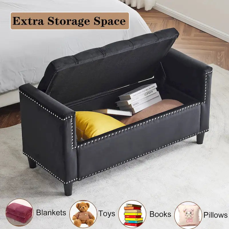 Velvet Tufted Storage Bench (with Armrests and Nailhead Trim)