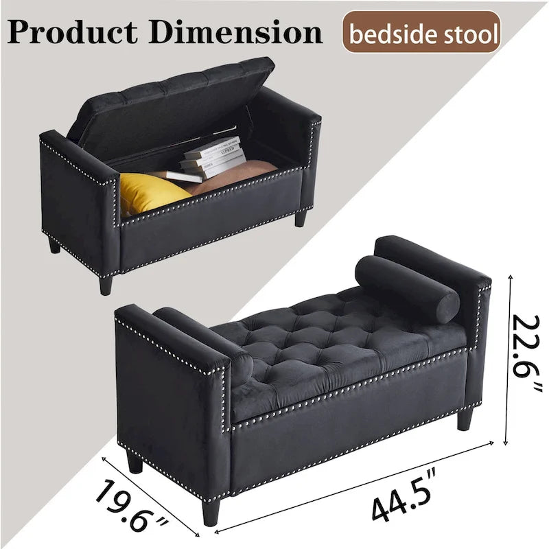 Velvet Tufted Storage Bench (with Armrests and Nailhead Trim)