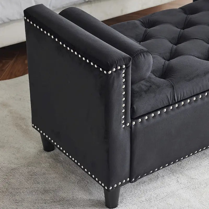Velvet Tufted Storage Bench (with Armrests and Nailhead Trim)