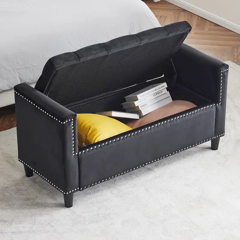 Velvet Tufted Storage Bench (with Armrests and Nailhead Trim)