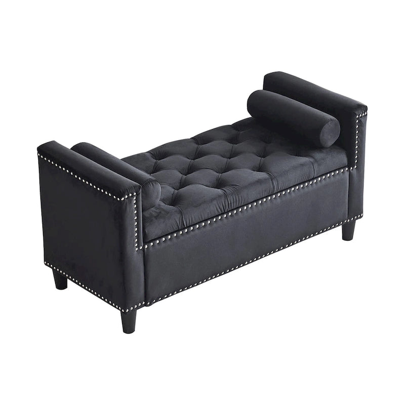 Velvet Tufted Storage Bench (with Armrests and Nailhead Trim)