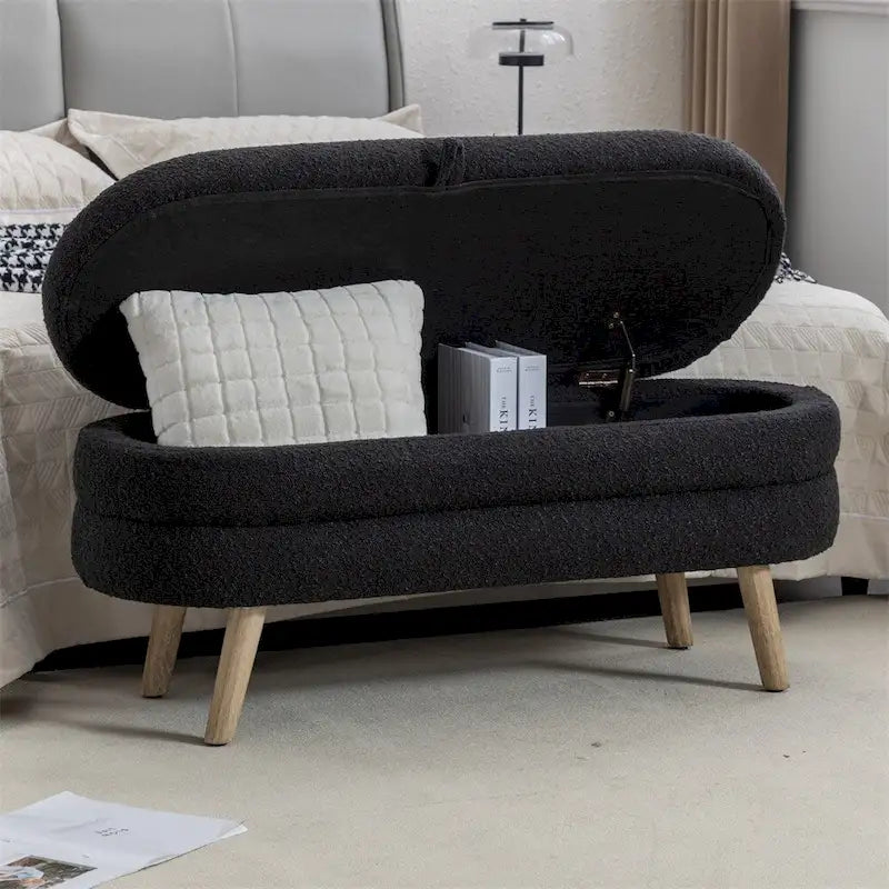 Boucle Fabric Storage Bench Bedroom Bench w/Wood Legs For Living Room