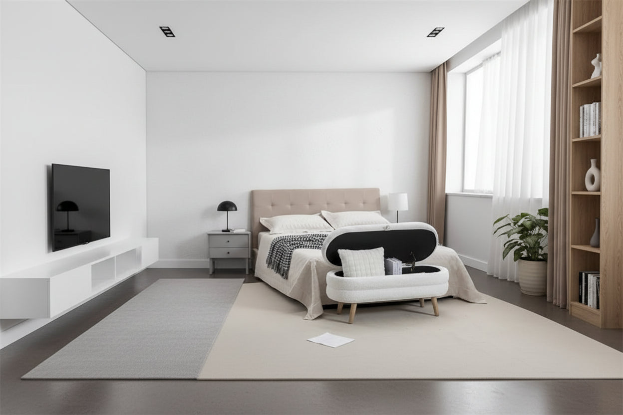 Boucle Fabric Storage Bench Bedroom Bench w/Wood Legs For Living Room