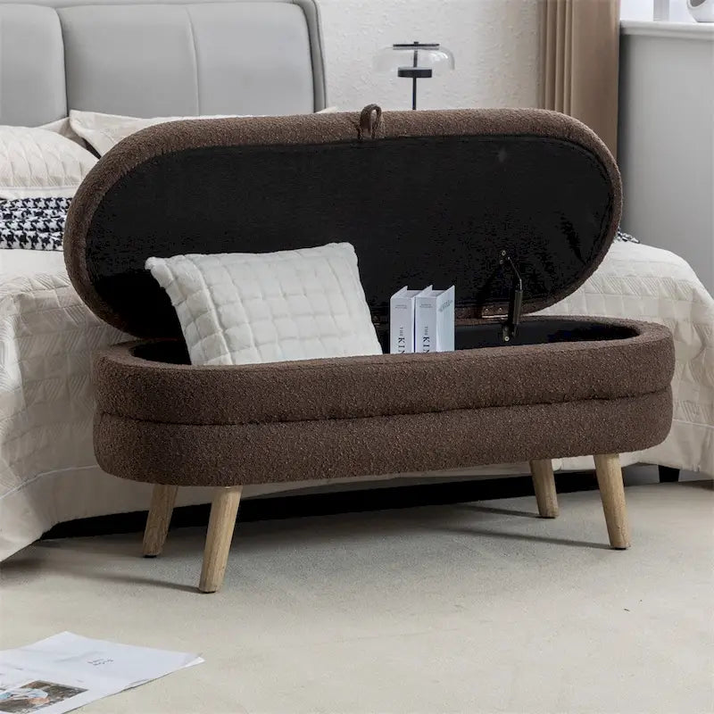 Boucle Fabric Storage Bench Bedroom Bench w/Wood Legs For Living Room