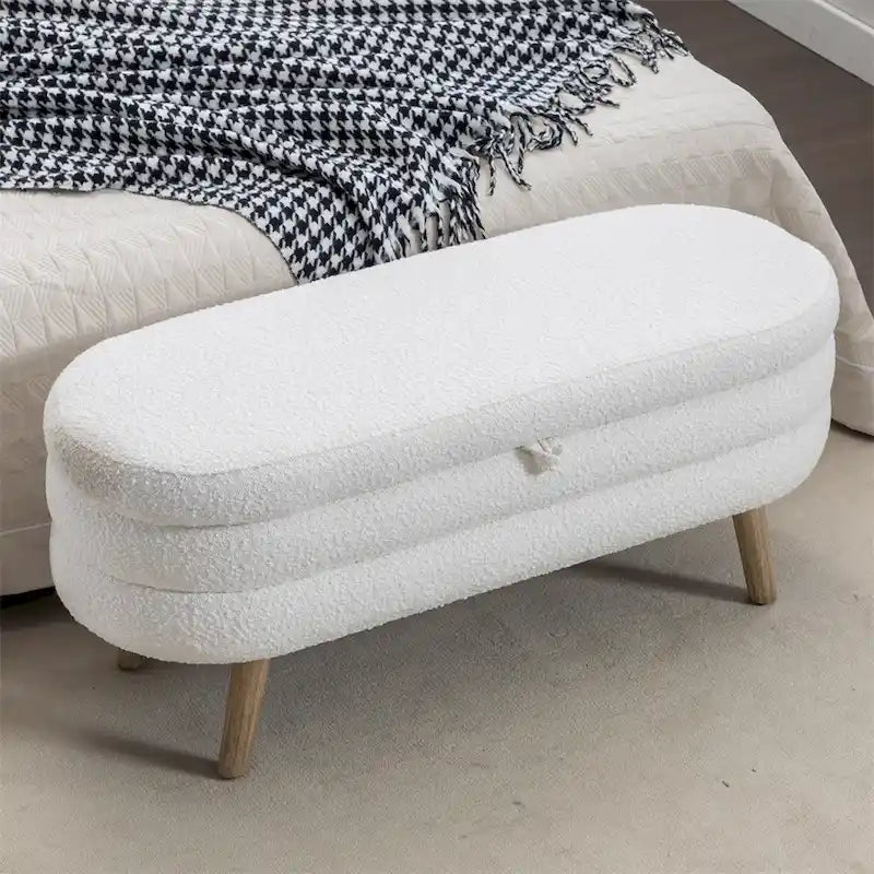 Boucle Fabric Storage Bench Bedroom Bench w/Wood Legs For Living Room