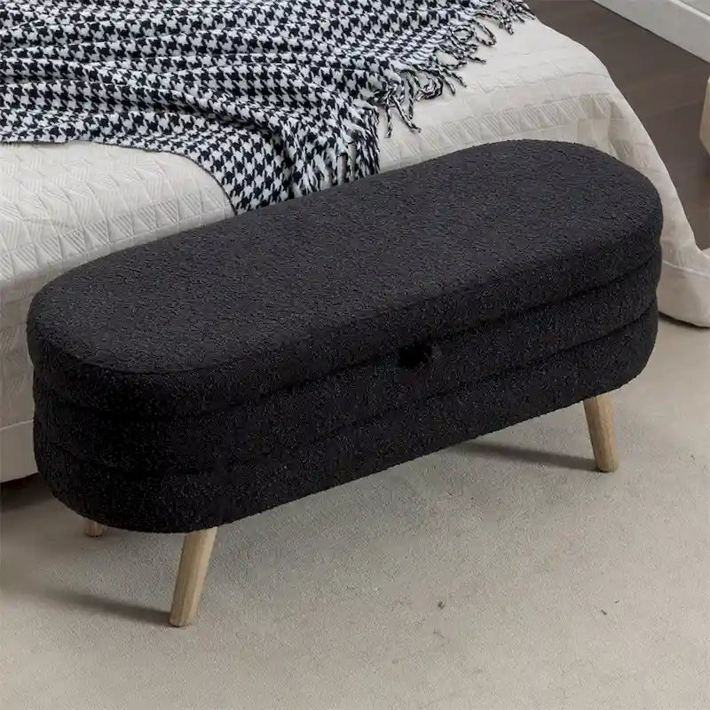 Boucle Fabric Storage Bench Bedroom Bench w/Wood Legs For Living Room