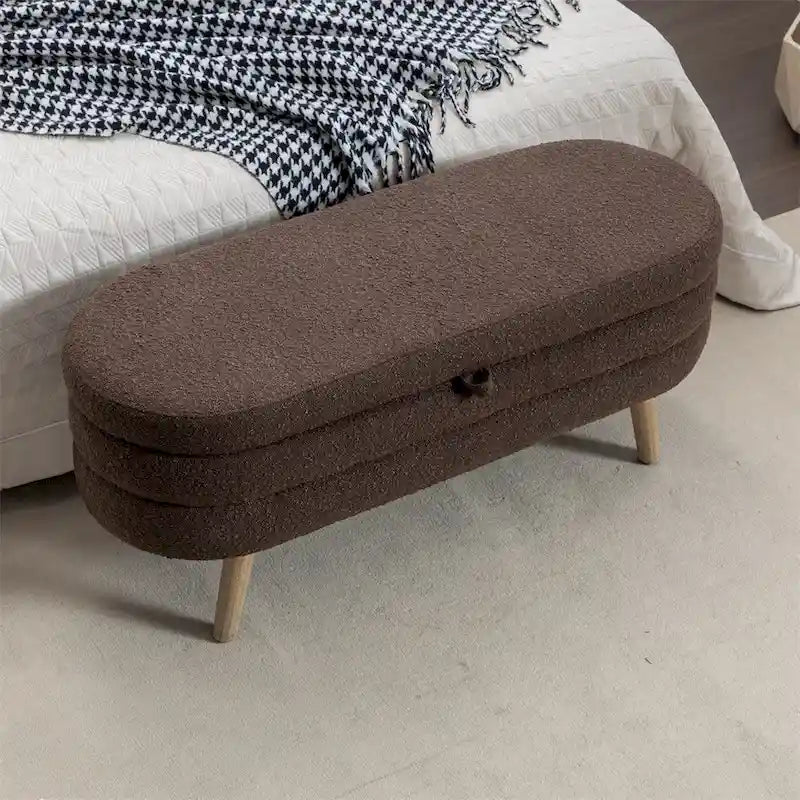 Boucle Fabric Storage Bench Bedroom Bench w/Wood Legs For Living Room