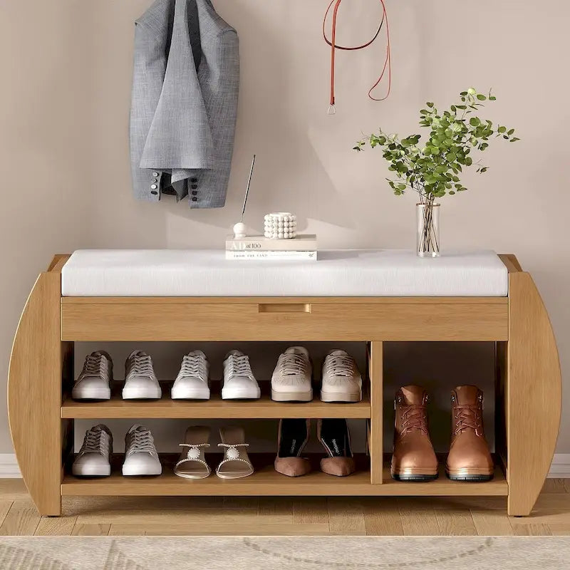 Multi Functional Storage Bench With Hidden Compartment And Open Shelf