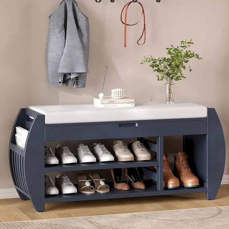 Multi Functional Storage Bench With Hidden Compartment And Open Shelf