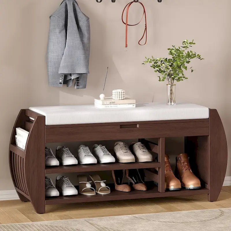 Multi Functional Storage Bench With Hidden Compartment And Open Shelf