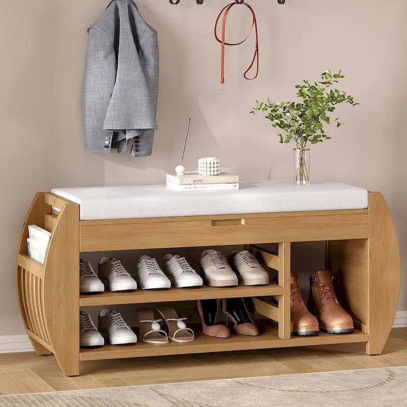 Multi Functional Storage Bench With Hidden Compartment And Open Shelf