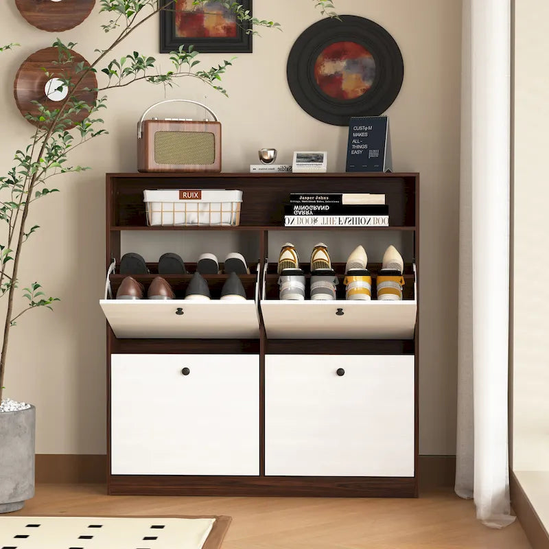 Shoe Storage Cabinet with 4 Flip Drawers, Shoe Rack Organizer with Handle Freestanding Shoe Cabinet with Anti-tip Fitting