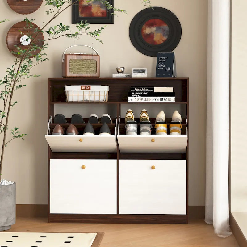 Shoe Storage Cabinet with 4 Flip Drawers, Shoe Rack Organizer with Handle Freestanding Shoe Cabinet with Anti-tip Fitting