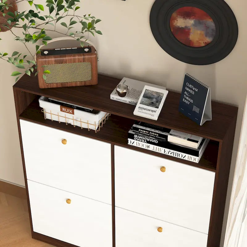 Shoe Storage Cabinet with 4 Flip Drawers, Shoe Rack Organizer with Handle Freestanding Shoe Cabinet with Anti-tip Fitting