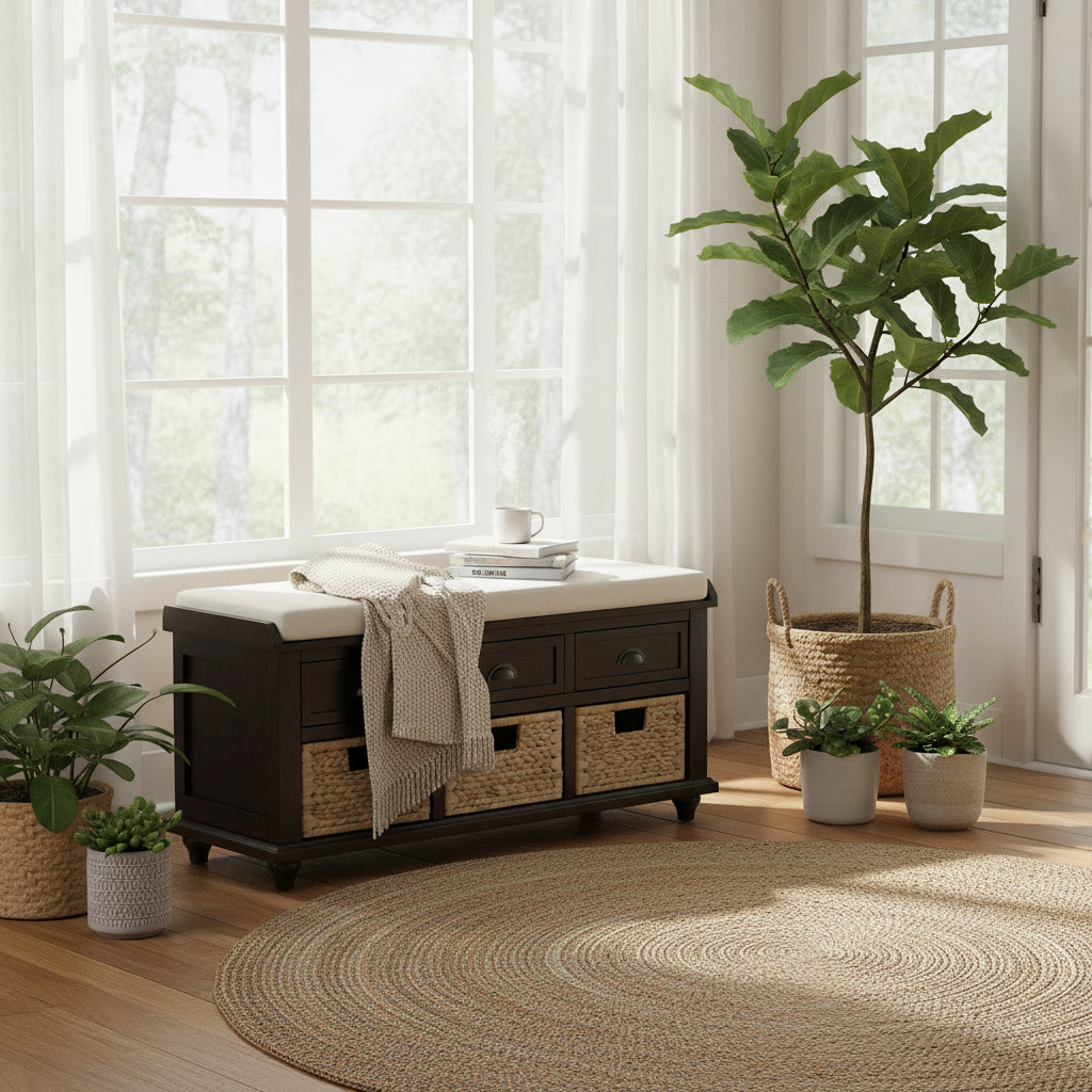 3-Drawer Storage Bench with 3 Rattan Baskets