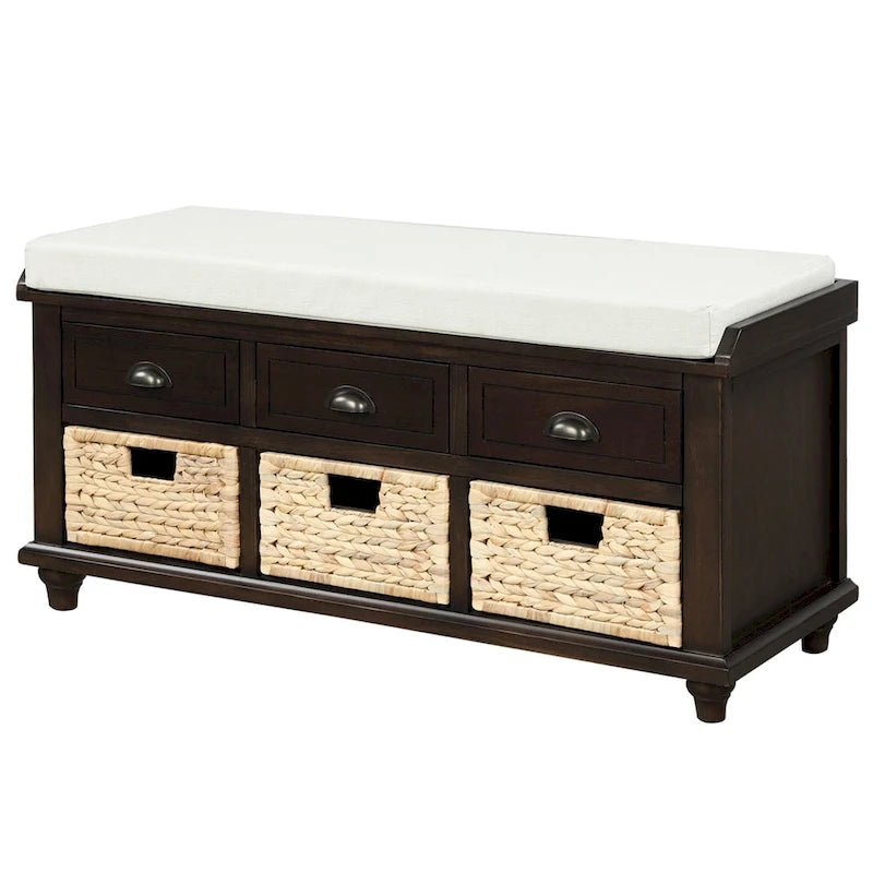 3-Drawer Storage Bench with 3 Rattan Baskets