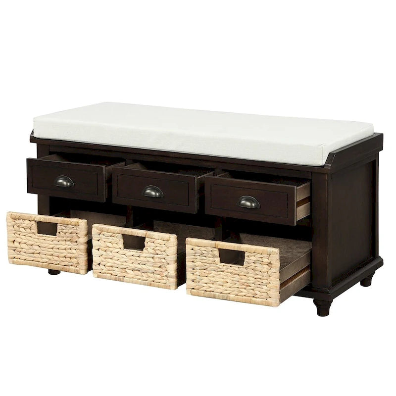 3-Drawer Storage Bench with 3 Rattan Baskets