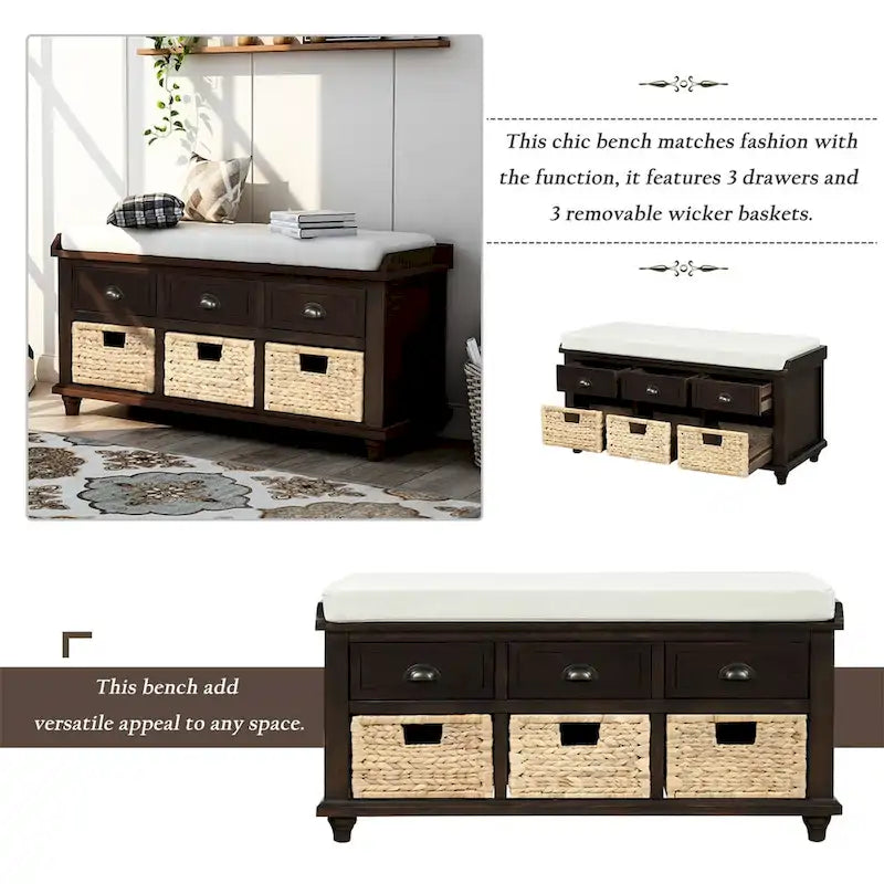 3-Drawer Storage Bench with 3 Rattan Baskets