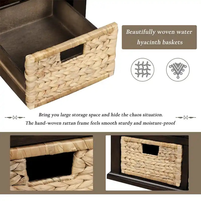 3-Drawer Storage Bench with 3 Rattan Baskets