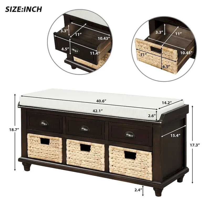 3-Drawer Storage Bench with 3 Rattan Baskets