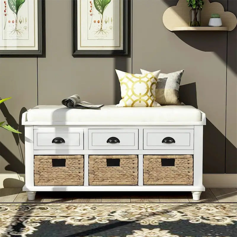 3-Drawer Storage Bench with 3 Rattan Baskets