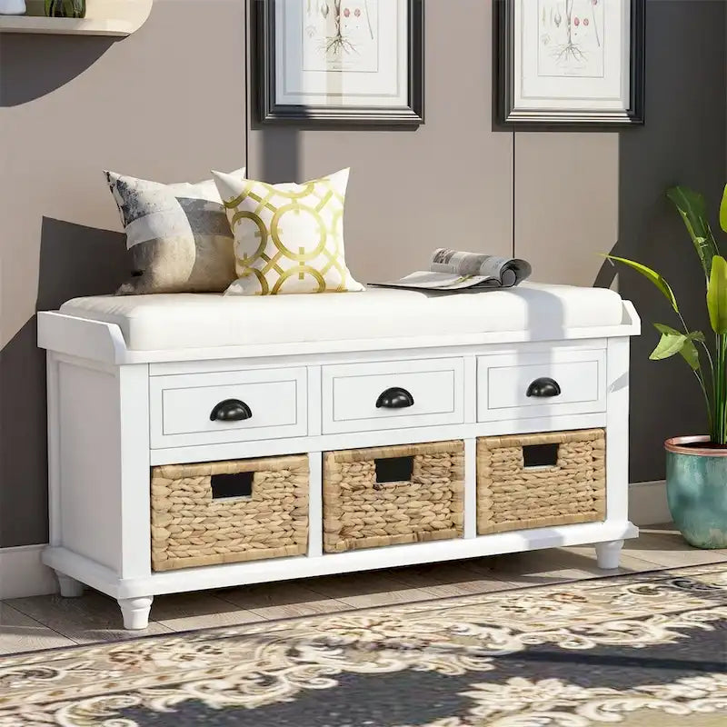 3-Drawer Storage Bench with 3 Rattan Baskets