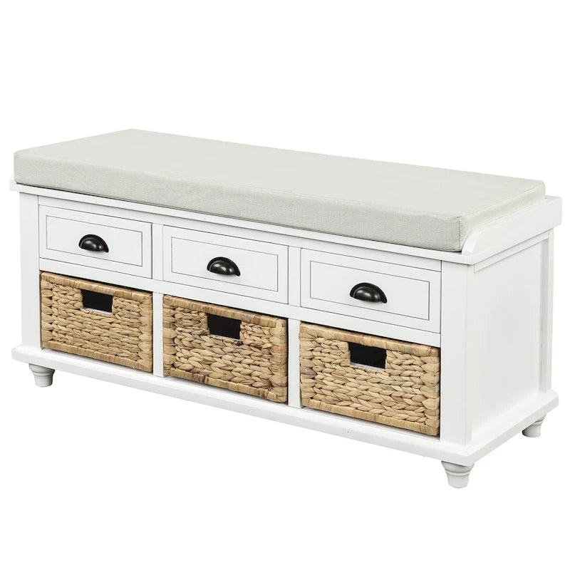 3-Drawer Storage Bench with 3 Rattan Baskets