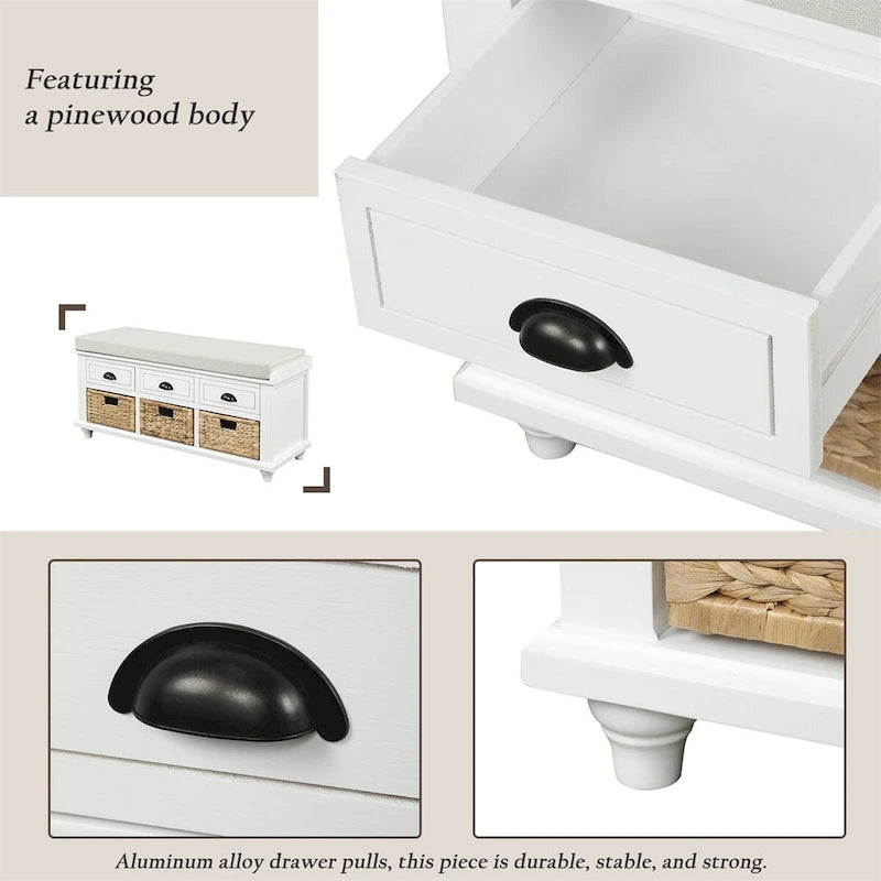 3-Drawer Storage Bench with 3 Rattan Baskets