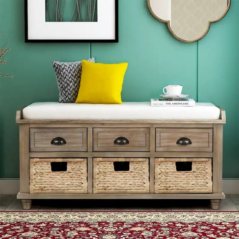 3-Drawer Storage Bench with 3 Rattan Baskets