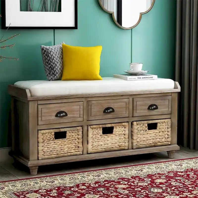 3-Drawer Storage Bench with 3 Rattan Baskets