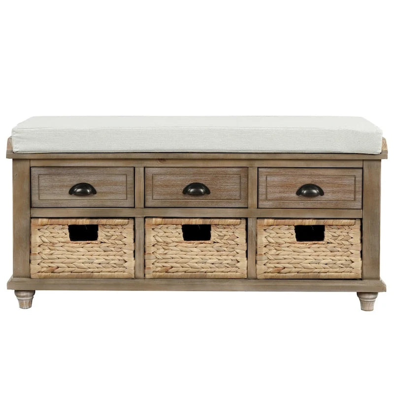 3-Drawer Storage Bench with 3 Rattan Baskets