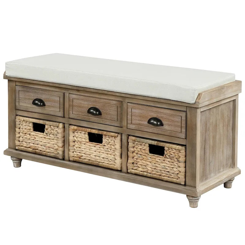3-Drawer Storage Bench with 3 Rattan Baskets