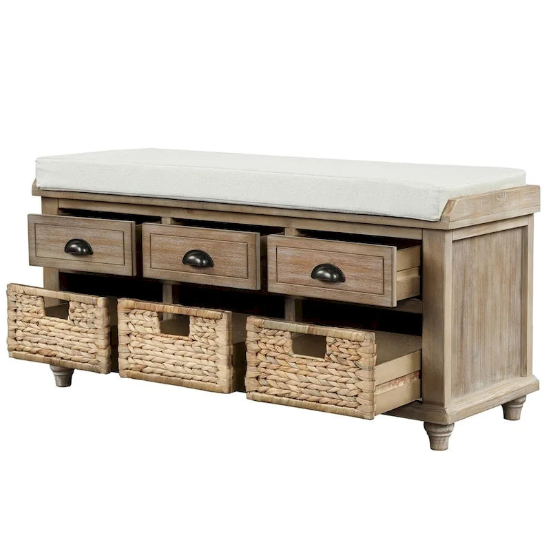 3-Drawer Storage Bench with 3 Rattan Baskets