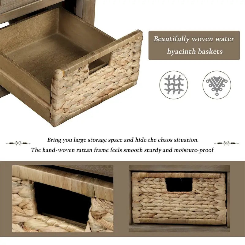 3-Drawer Storage Bench with 3 Rattan Baskets